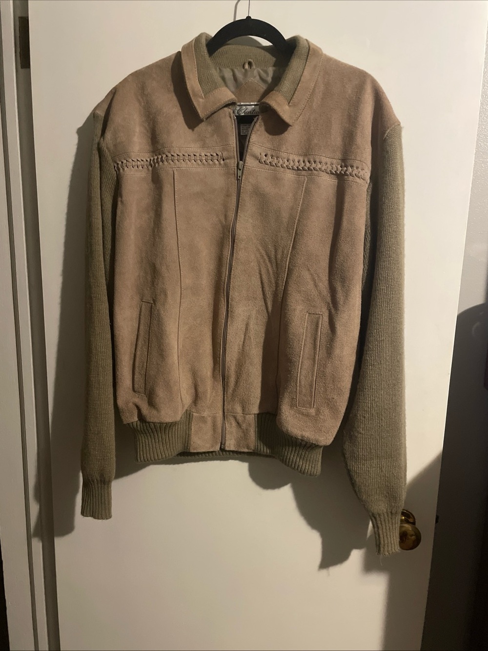 Taupe Suede Knit-Sleeve Bomber Jacket